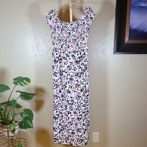 Guess White Pink Multi-Colored Floral Smocked Maxi Dress Medium